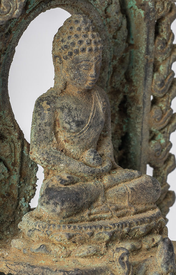 Buddha-Statue – Antike javanische Amitabha-Buddha-Statue aus Bronze im indonesischen Stil – 13,5 cm/5 Zoll