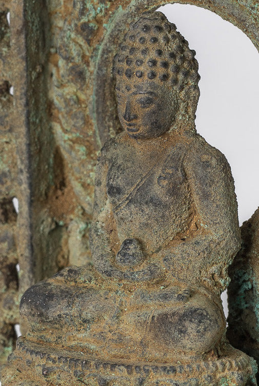 Buddha-Statue – Antike javanische Amitabha-Buddha-Statue aus Bronze im indonesischen Stil – 13,5 cm/5 Zoll