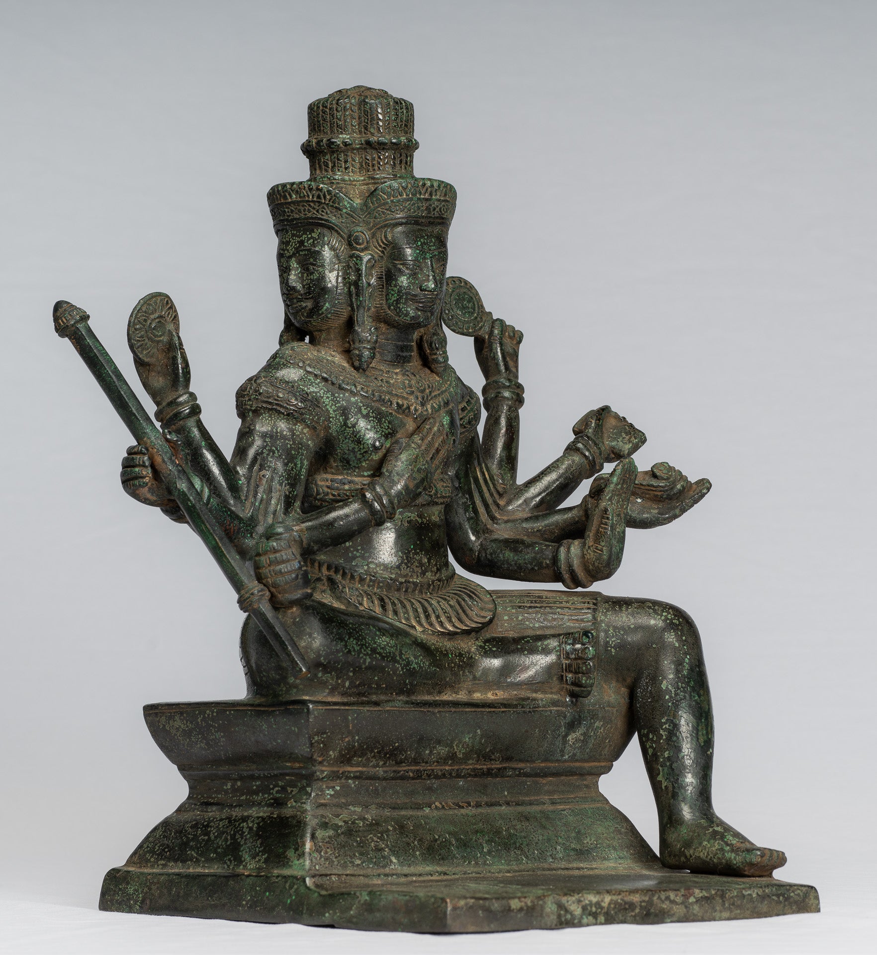 Brahma Statue - Antique Khmer Style Bronze 8 Arm Bayon Brahma - Hindu God Creation - 35cm/14"