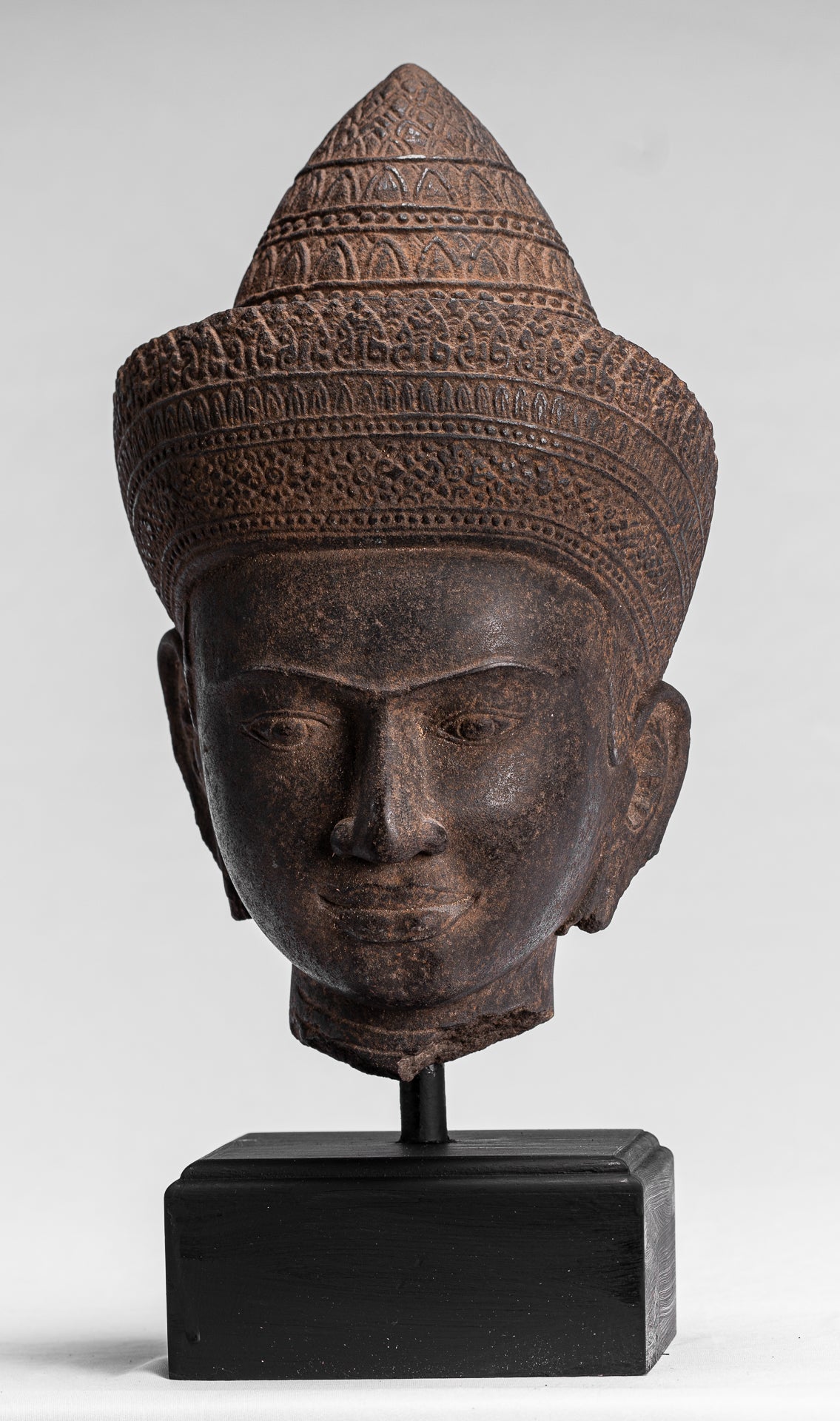 Statua Buddha - Antique Angkor Wat Style Stone Monted Khmer Buddha Head - 42cm / 17 "