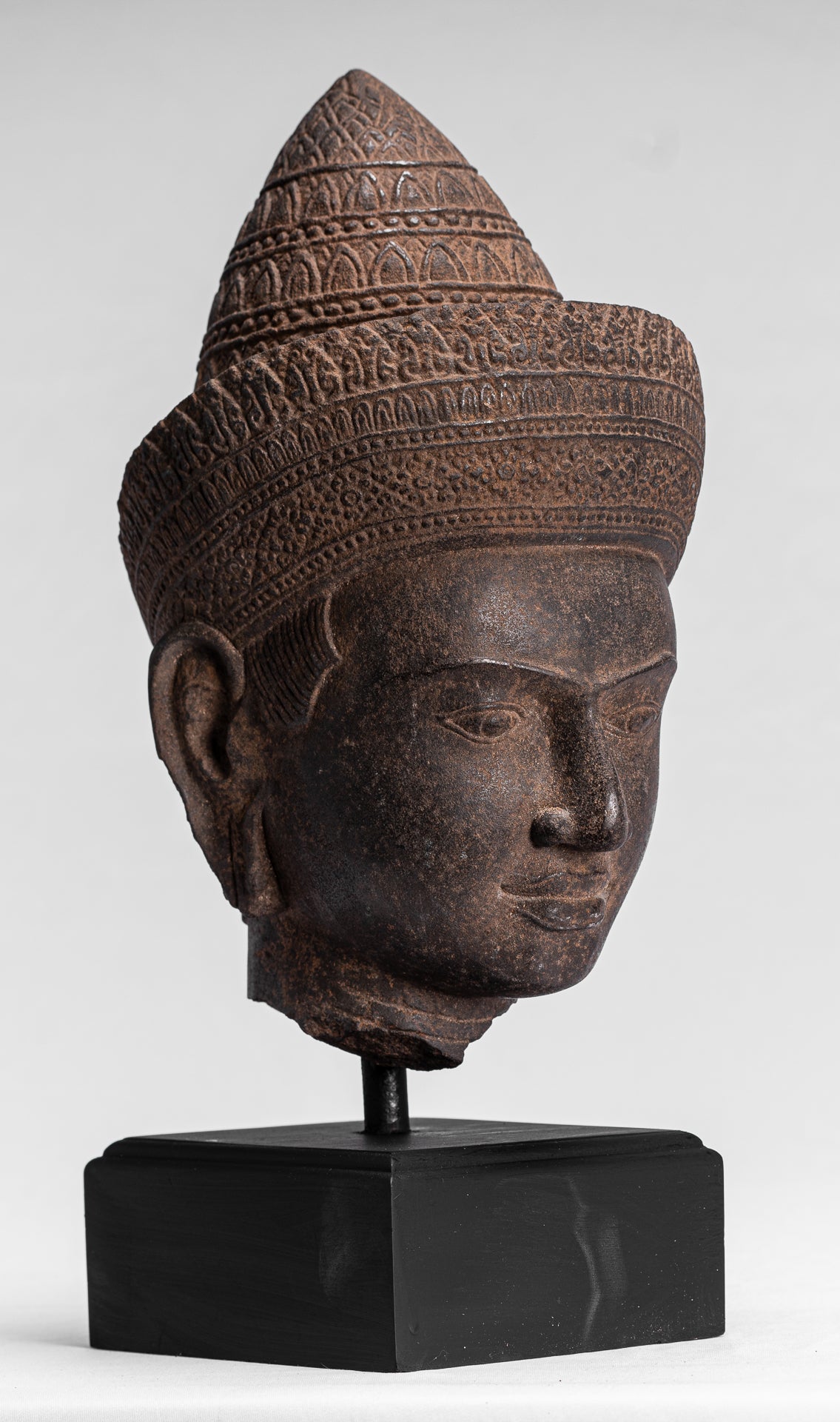 Statua Buddha - Antique Angkor Wat Style Stone Monted Khmer Buddha Head - 42cm / 17 "