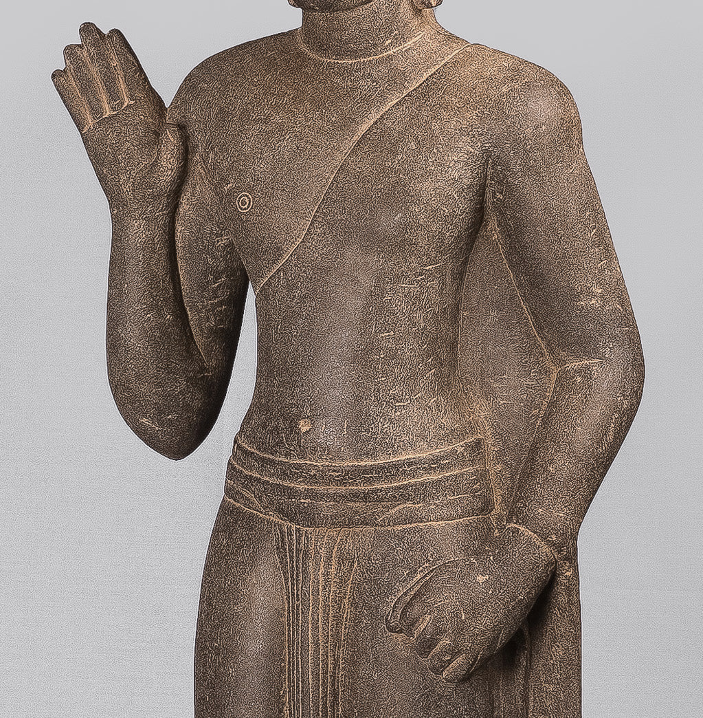 Buddha Statue-Antique Phnom Da Style Standing Stone Protection Khmer Buddha-123cm/49 " Tall