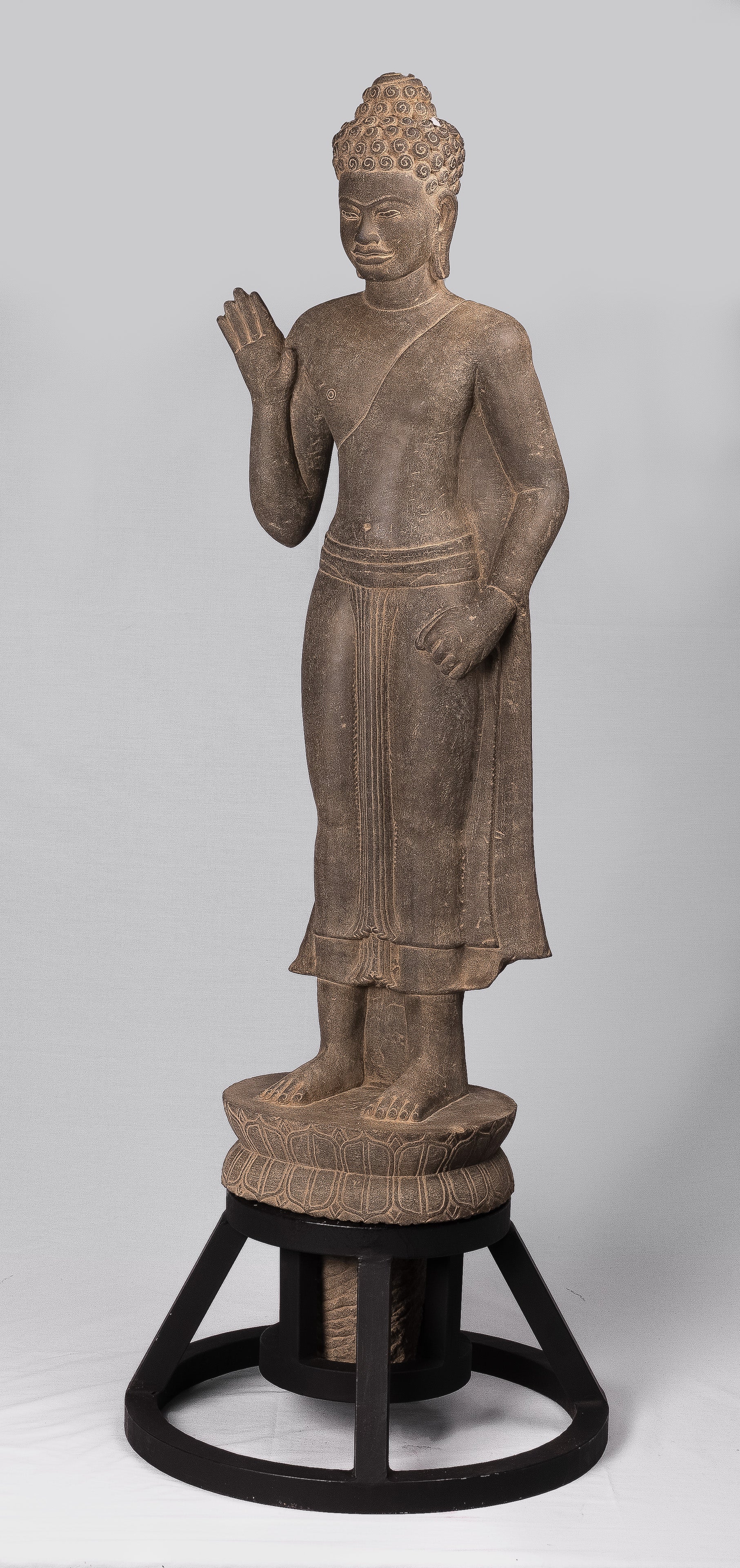 Buddha Statue-Antique Phnom Da Style Standing Stone Protection Khmer Buddha-123cm/49 " Tall