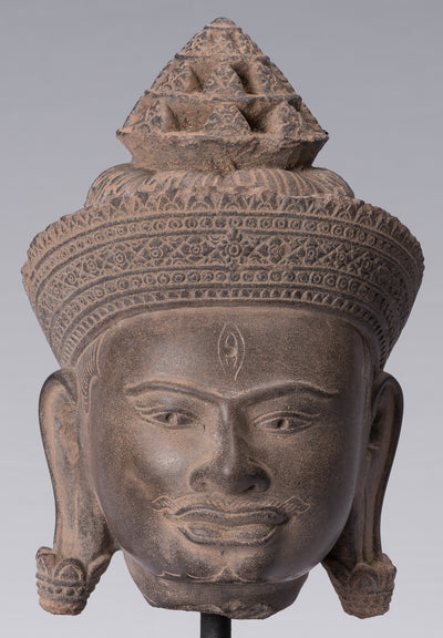 Shiva Statue, Antike Banteay Srei Stil Khmer Stein Shiva Statue Kopf mit Zerstörer...31cm/12"