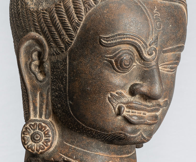 Shiva Statue - Antique Khmer Style Black Stone Yaksha & Yakshaswaroop Shiva Head  - 47cm/19"