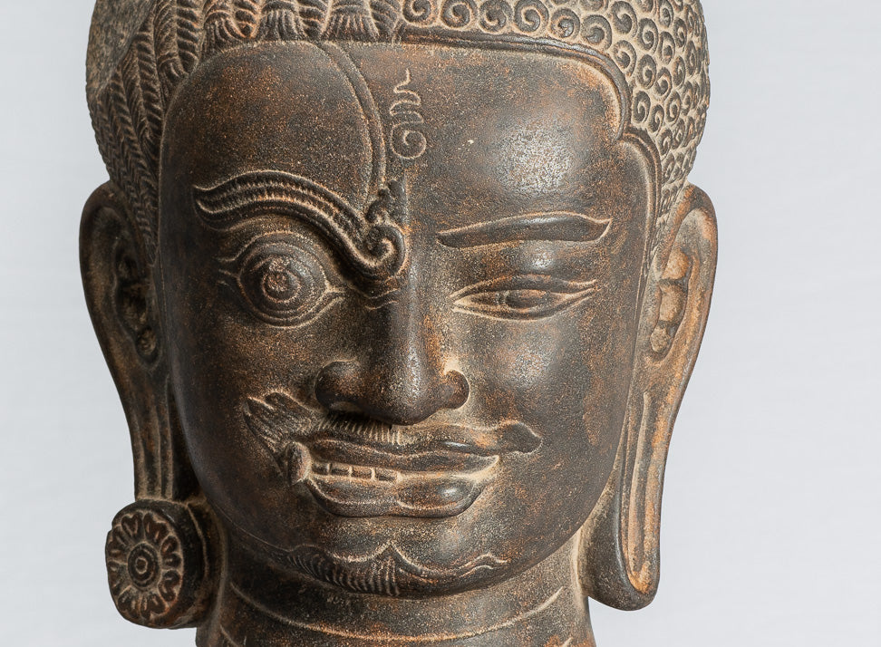 Shiva Statue - Antique Khmer Style Black Stone Yaksha & Yakshaswaroop Shiva Head  - 47cm/19"