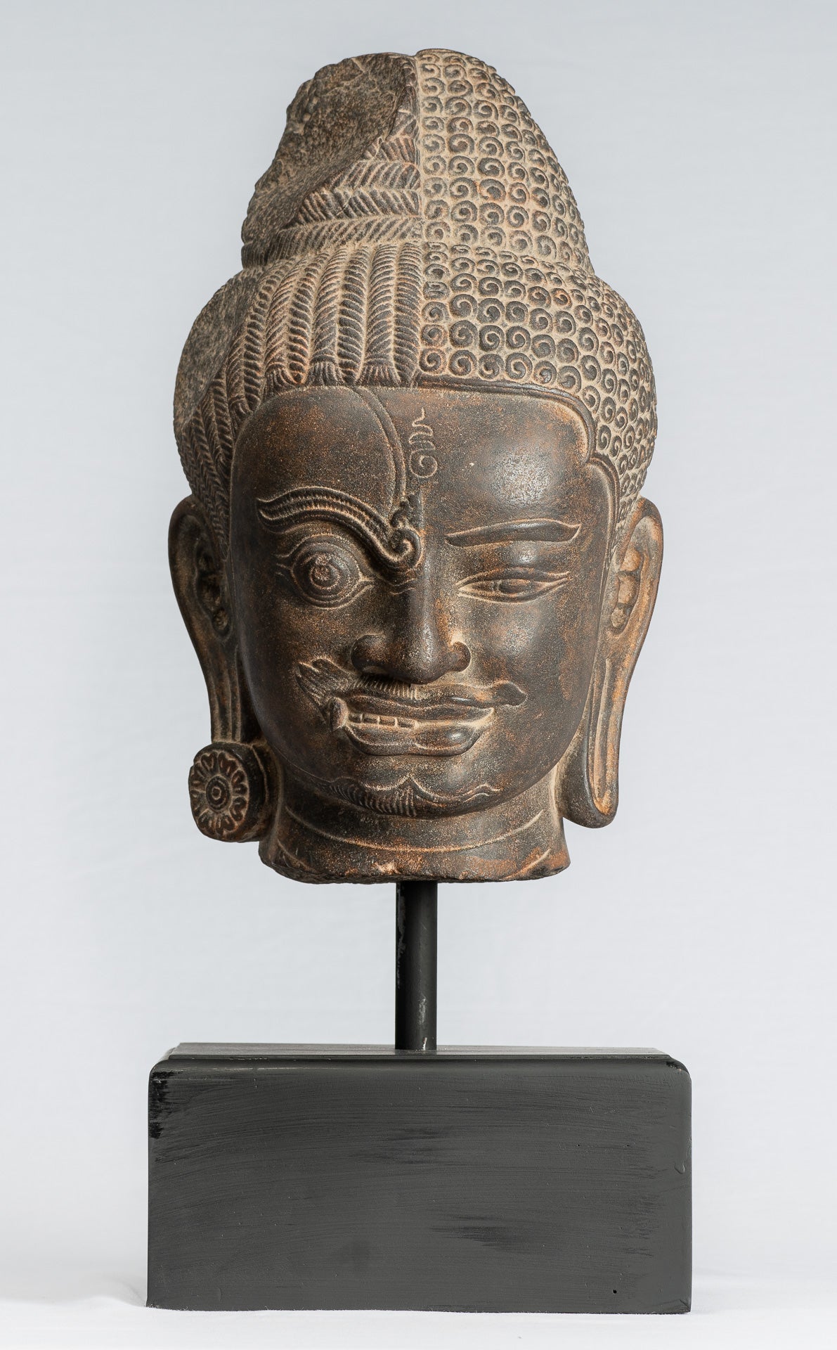 Shiva Statue - Antique Khmer Style Black Stone Yaksha & Yakshaswaroop Shiva Head  - 47cm/19"