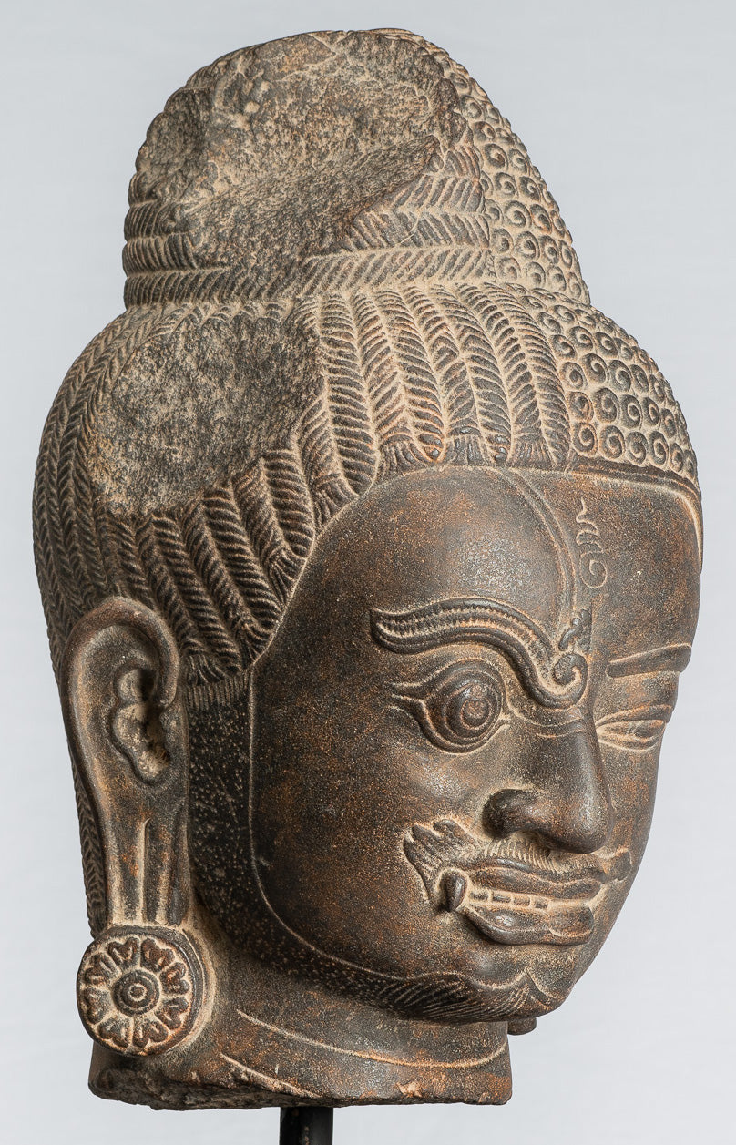 Shiva Statue - Antique Khmer Style Black Stone Yaksha & Yakshaswaroop Shiva Head  - 47cm/19"