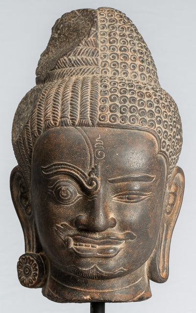 Shiva Statue-Antique Khmer Style Black Stone Yaksha & Yakshaswaroop Shiva Head-47cm/19 "
