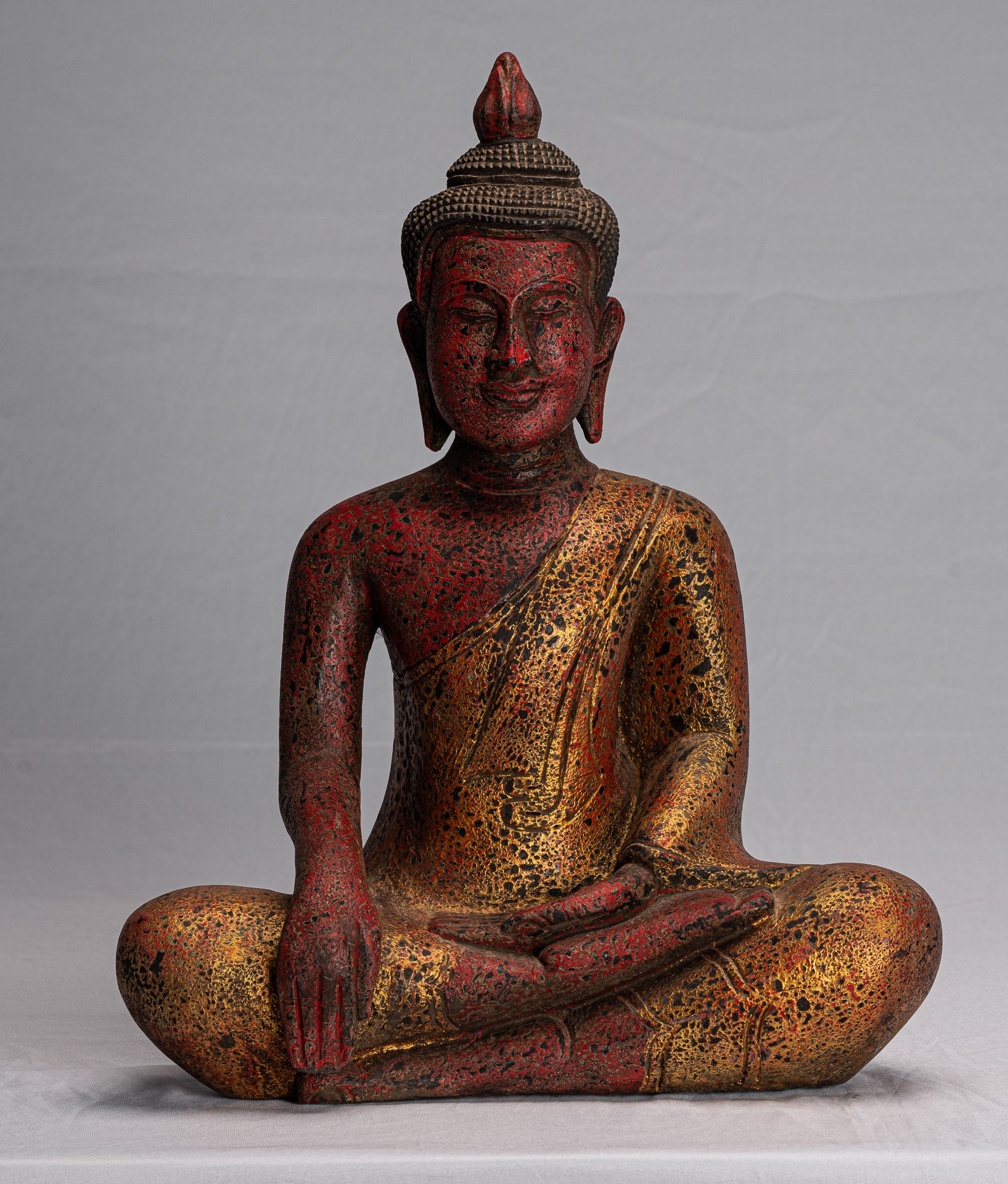 Buddha Statue - Antique Khmer Style SE Asia Seated Wood Enlightenment Buddha Statue - 43cm/17"