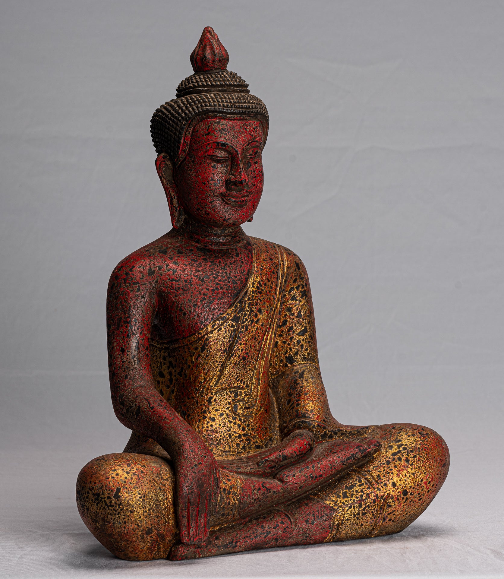Buddha Statue - Antique Khmer Style SE Asia Seated Wood Enlightenment Buddha Statue - 43cm/17"