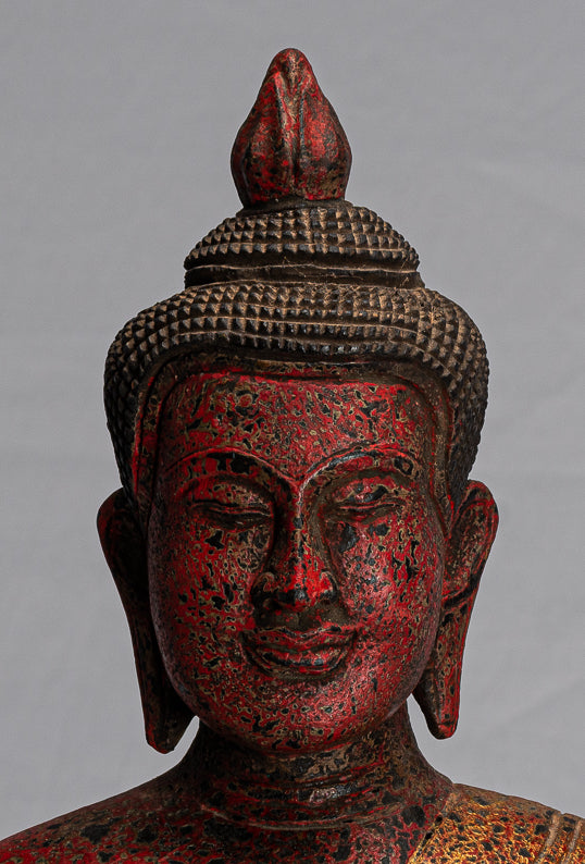 Buddha Statue - Antique Khmer Style SE Asia Seated Wood Enlightenment Buddha Statue - 43cm/17"