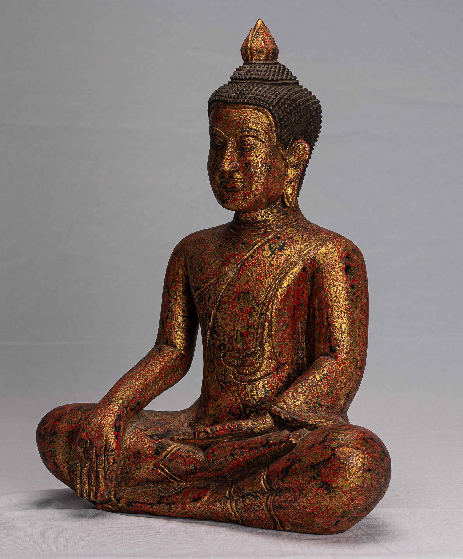 Buddha Statue - Antique Khmer Style SE Asia Seated Wood Enlightenment Buddha Statue - 43cm/17"
