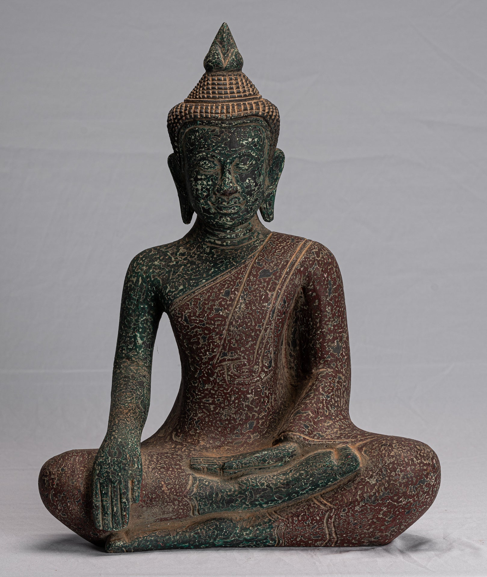 Buddha Statue - Antique Khmer Style SE Asia Seated Wood Enlightenment Buddha Statue - 45cm/18"