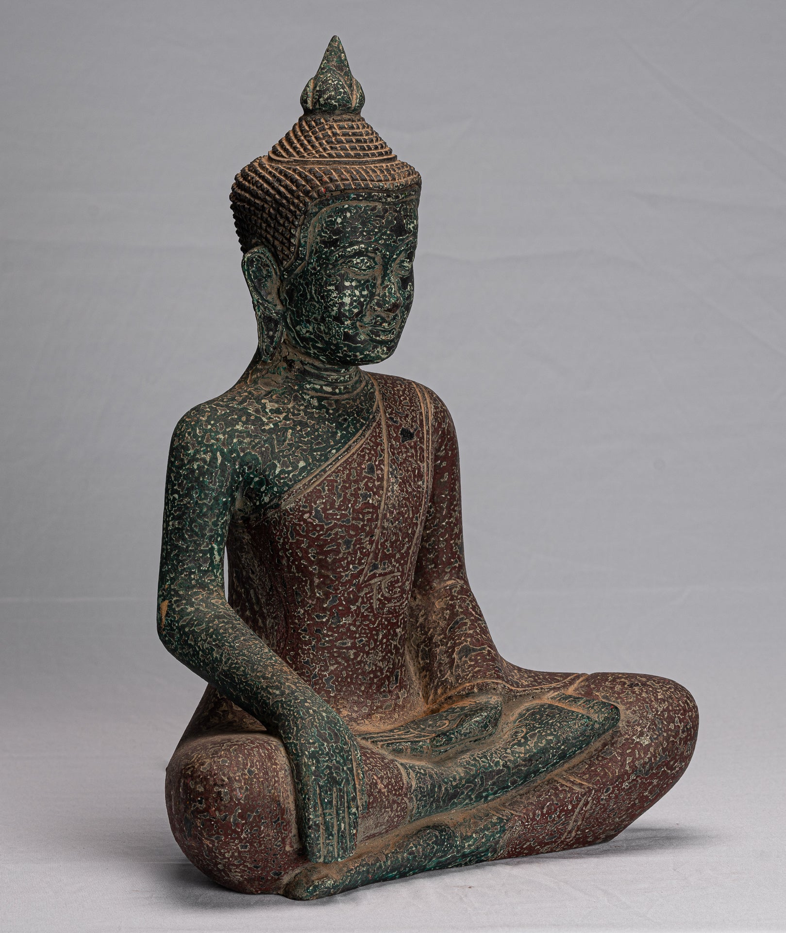 Buddha Statue - Antique Khmer Style SE Asia Seated Wood Enlightenment Buddha Statue - 45cm/18"