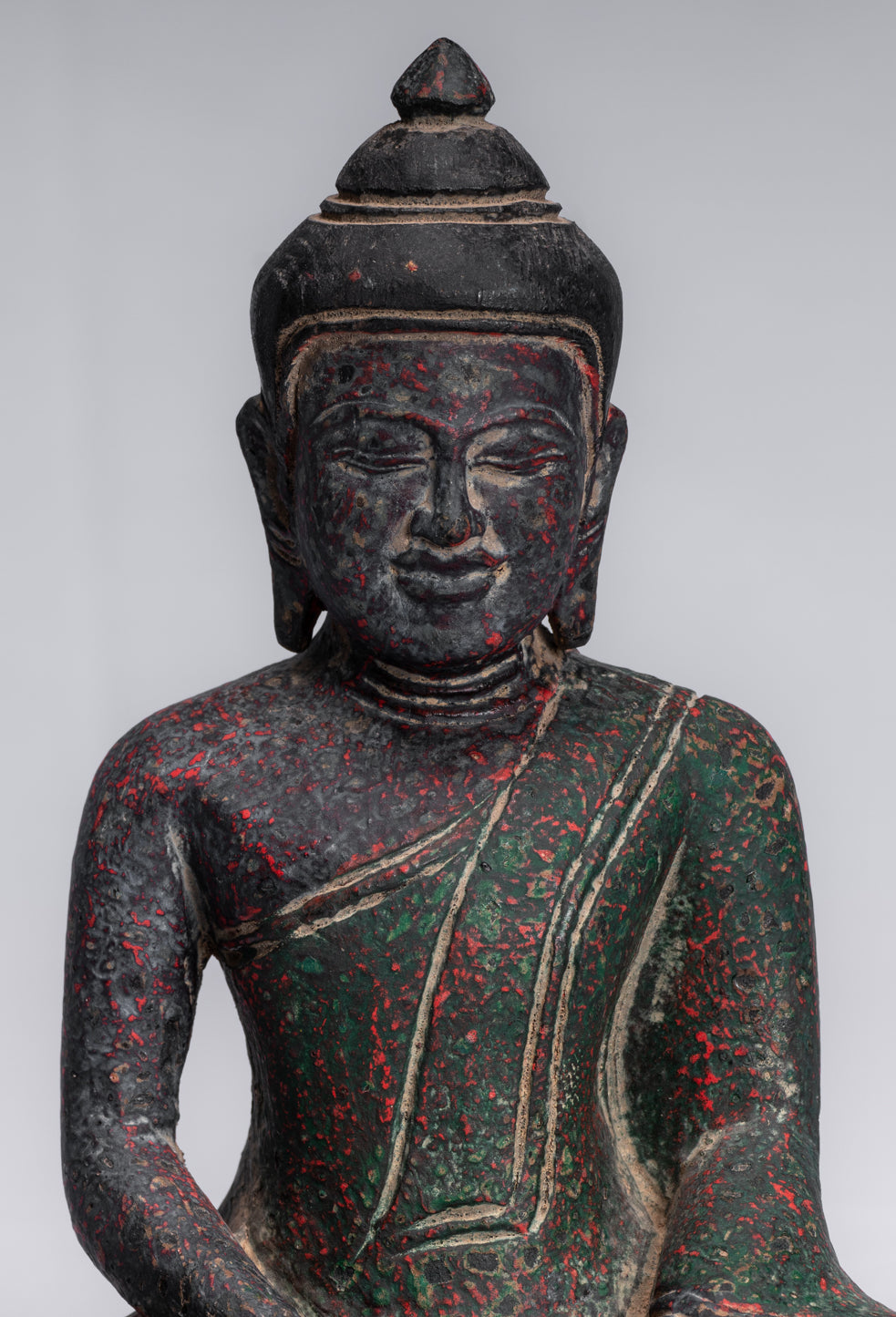 Buddha-Skulptur – sitzende Buddha-Statue aus Holz im antiken Khmer-Stil, Dhyana-Meditations-Mudra – 20 cm