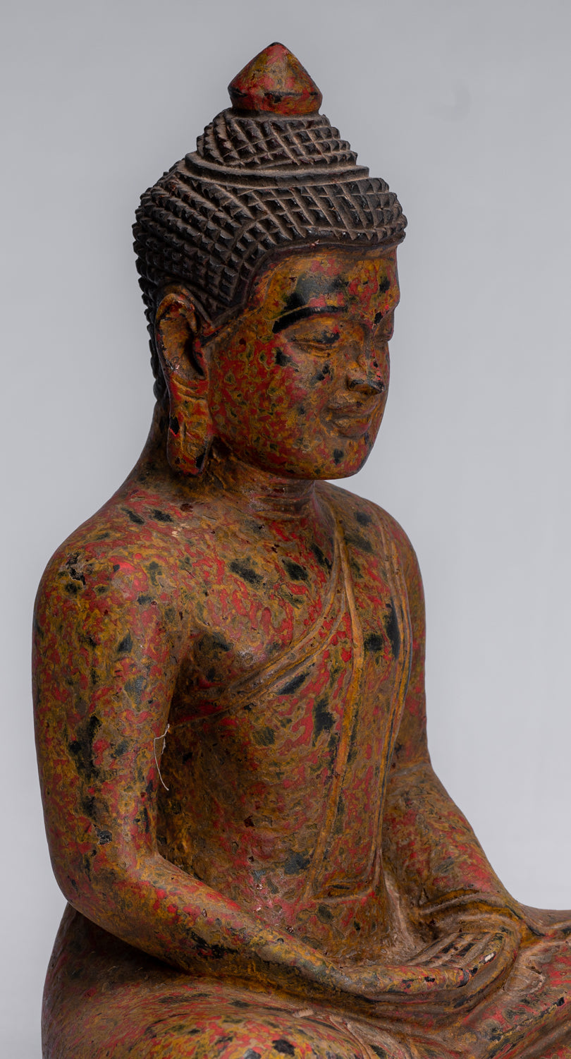 Sculpture de Bouddha – Statue de Bouddha assis en bois de style khmer antique Dhyana Méditation Mudra – 26 cm