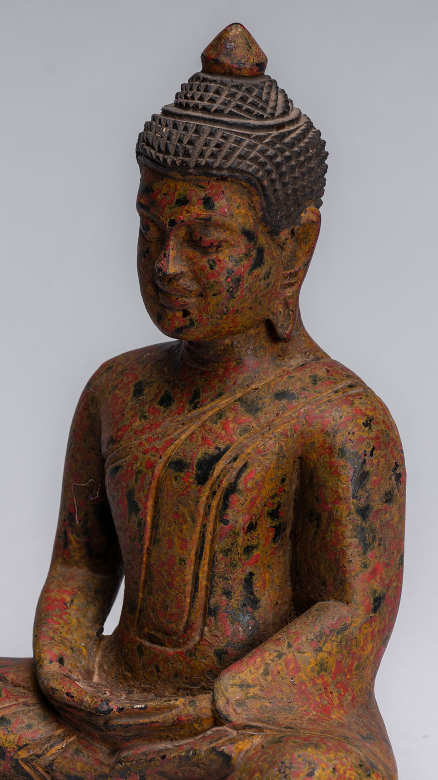 Sculpture de Bouddha – Statue de Bouddha assis en bois de style khmer antique Dhyana Méditation Mudra – 26 cm
