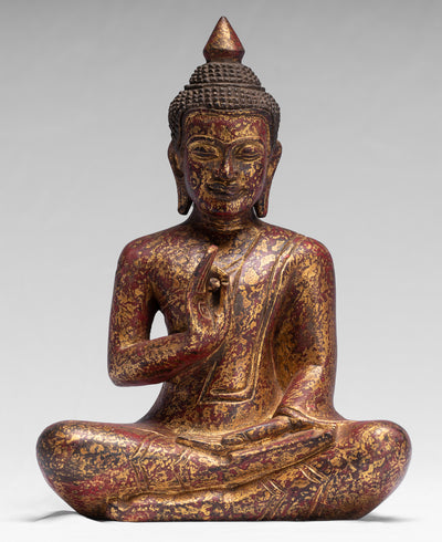 Buddha-Skulptur – Buddha – sitzender Buddha aus Holz im antiken Khmer-Stil, der Mudra lehrt – 26 cm