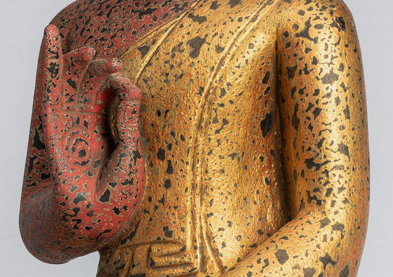 Statue de Bouddha - style khmer ancien Cambodge Impression de main d'enseignement de bouddha assis en bois - 53cm / 21 "