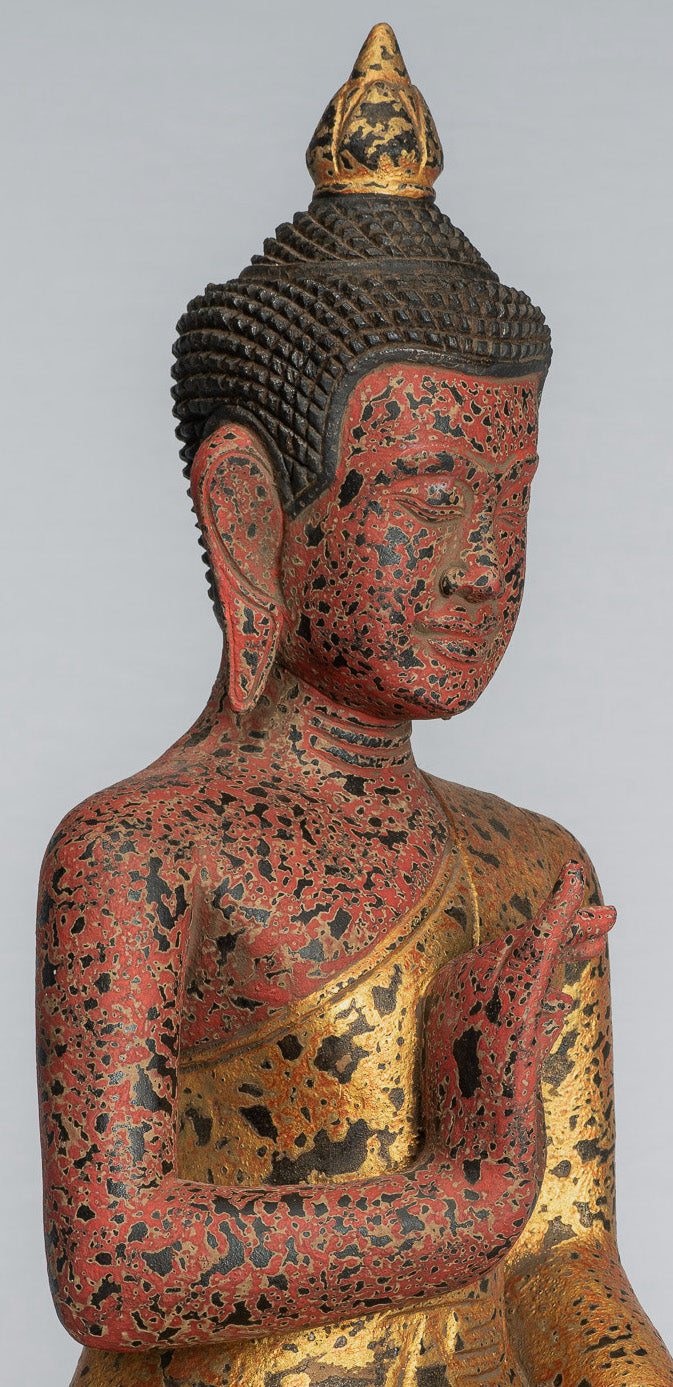 Statue de Bouddha - style khmer ancien Cambodge Impression de main d'enseignement de bouddha assis en bois - 53cm / 21 "