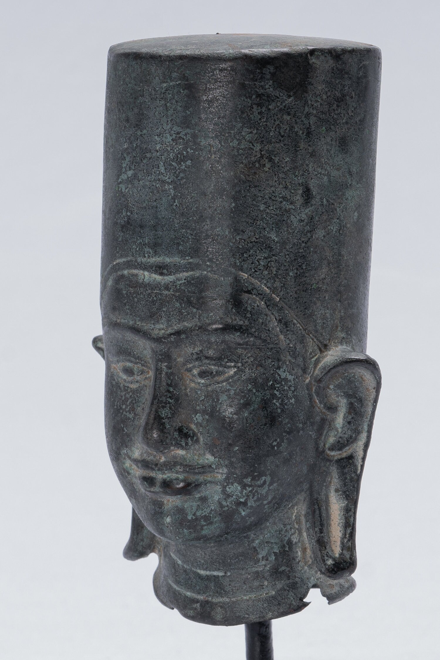 Statue Vishnu - Antique Phnom Da Style Monted Bronze Khmer Vishnu Head - 19cm/8 "