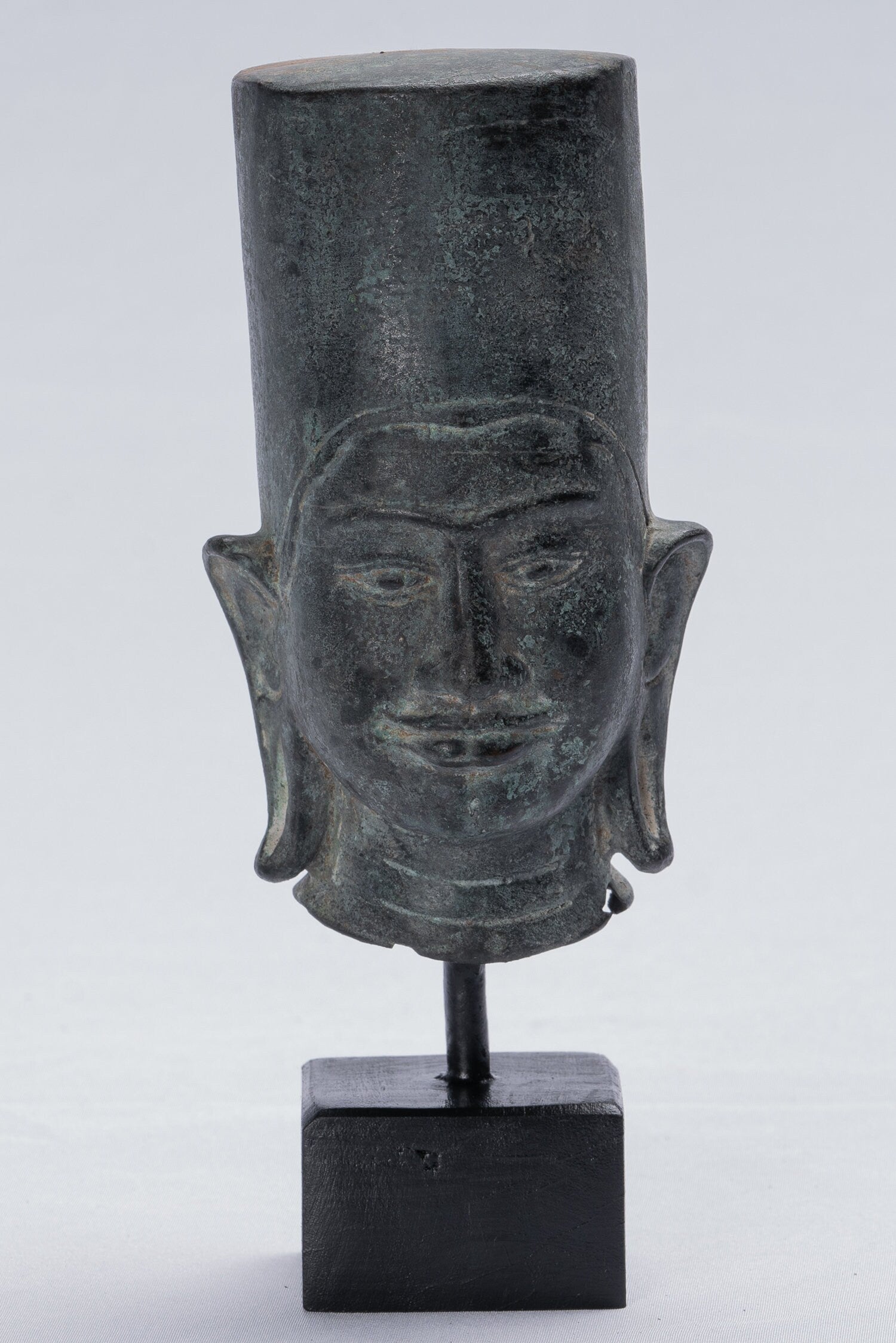 Statue Vishnu - Antique Phnom Da Style Monted Bronze Khmer Vishnu Head - 19cm/8 "