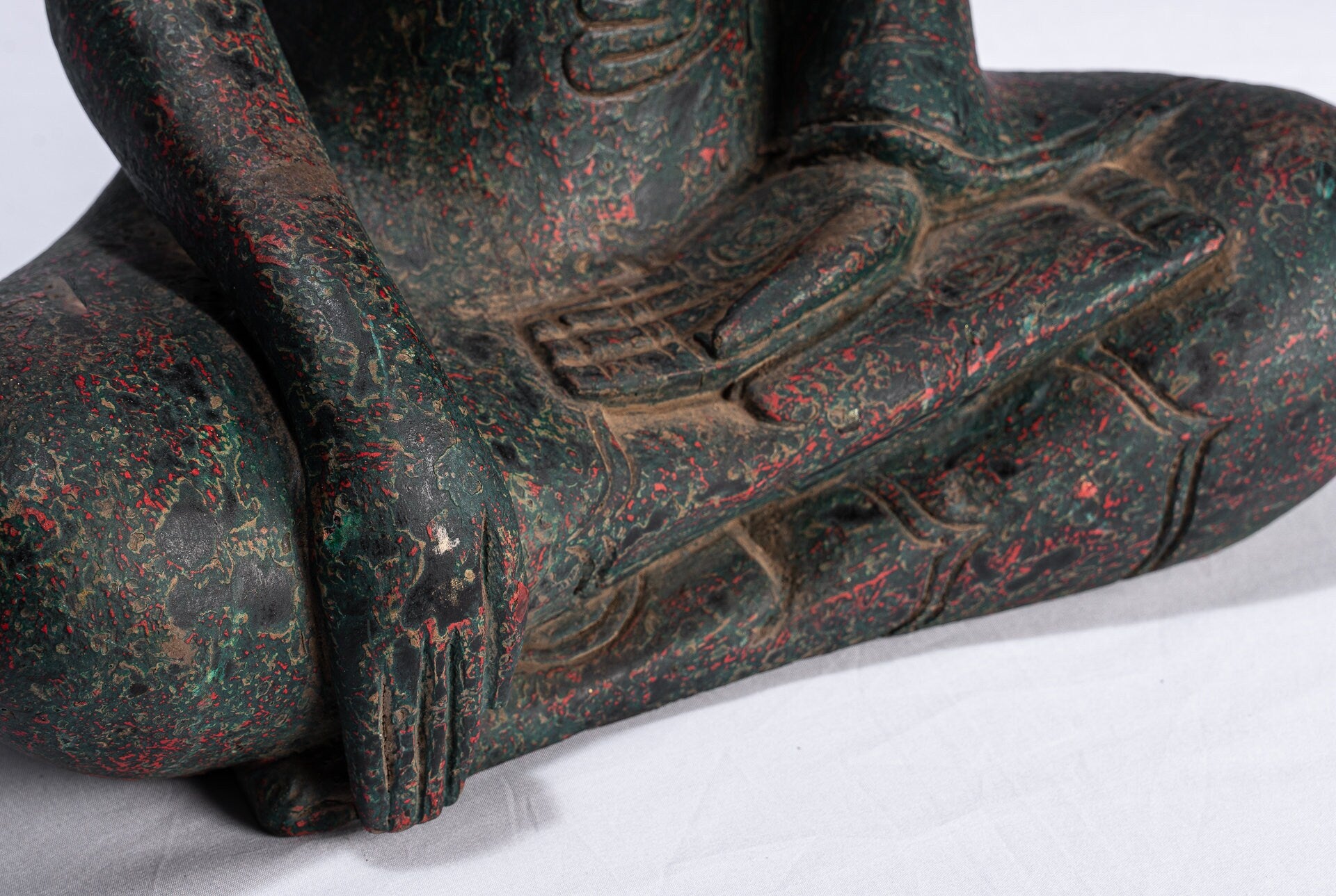 Buddha Statue-Antique Khmer Style SE Asia Seated Wood Enlightenment Buddha Statue-43cm/17 "