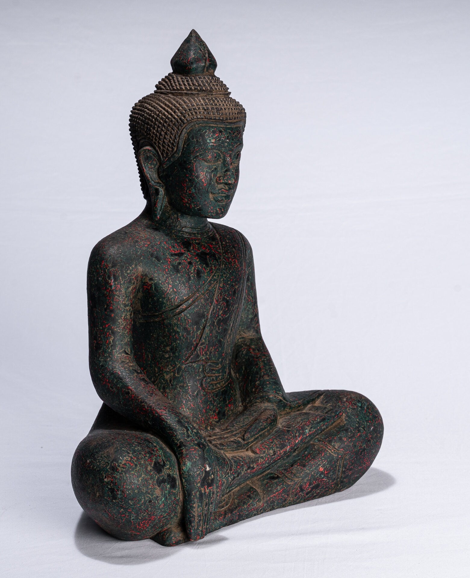 Buddha Statue-Antique Khmer Style SE Asia Seated Wood Enlightenment Buddha Statue-43cm/17 "