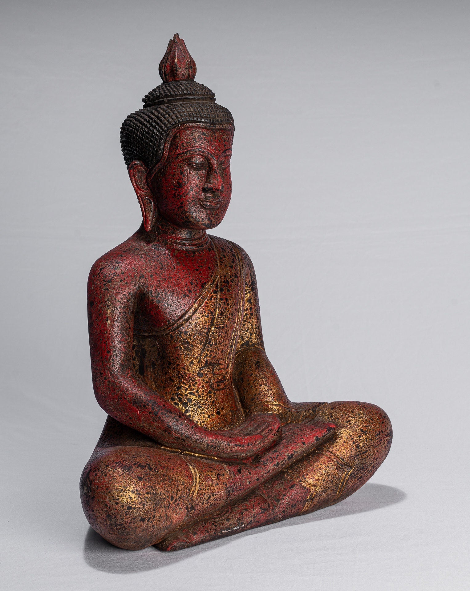 Antique Khmer Style Wood Seated Buddha Statue Dhyana Meditation Mudra - 44cm/18"
