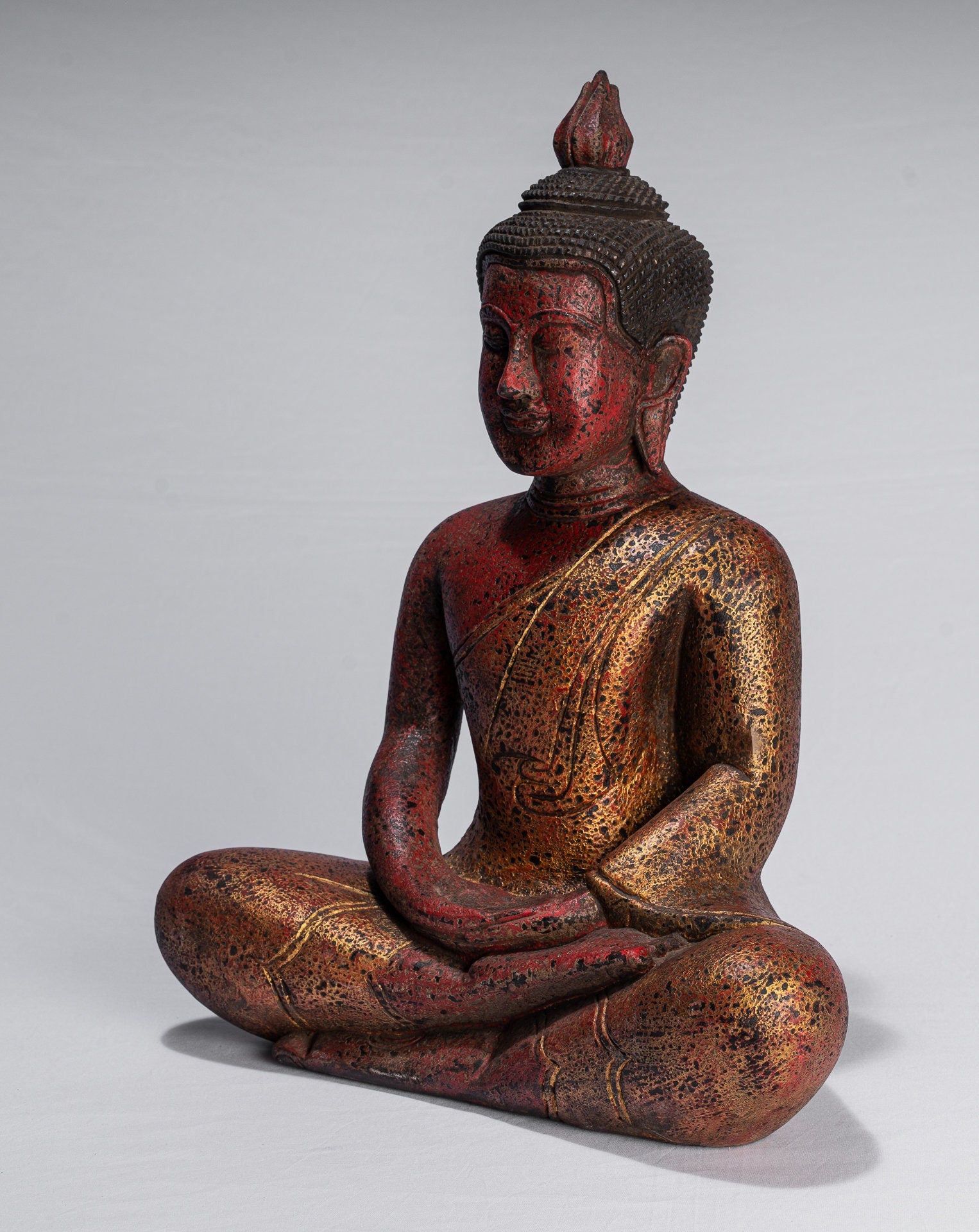 Antique Khmer Style Wood Seated Buddha Statue Dhyana Meditation Mudra - 44cm/18"