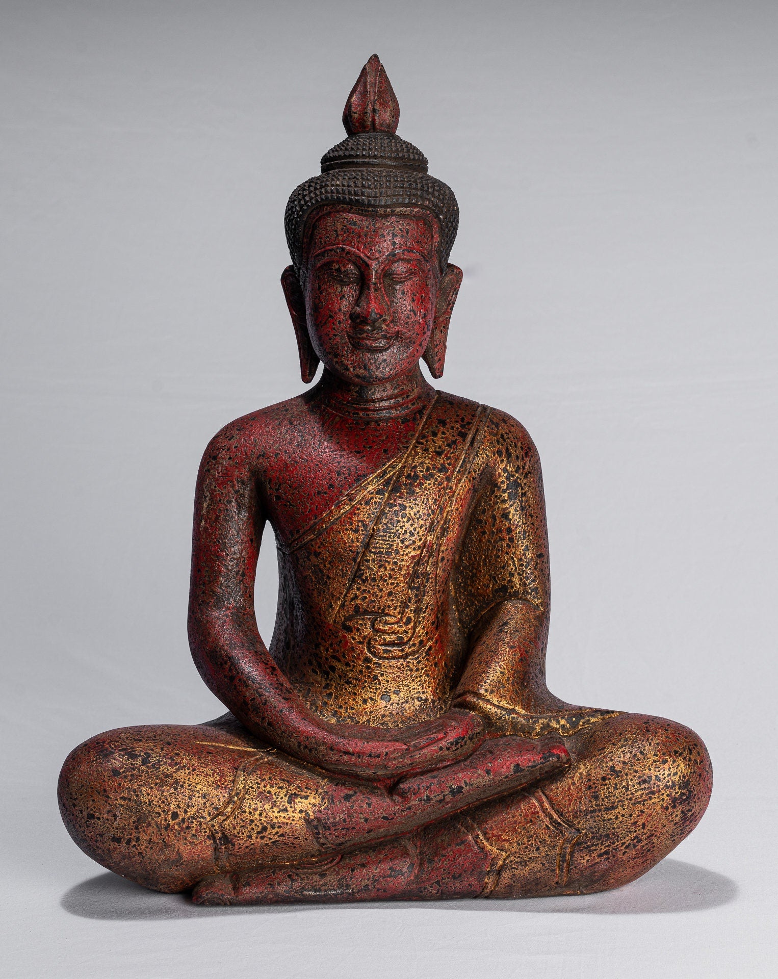 Antique Khmer Style Wood Seated Buddha Statue Dhyana Meditation Mudra - 44cm/18"