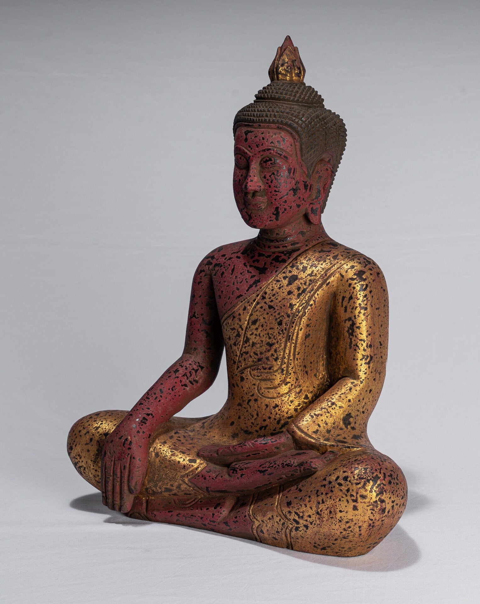 Bouddha Statue-Antique Khmer Style SE Asia Seated Wood Enlightenment Buddha Statue-43cm/17 "
