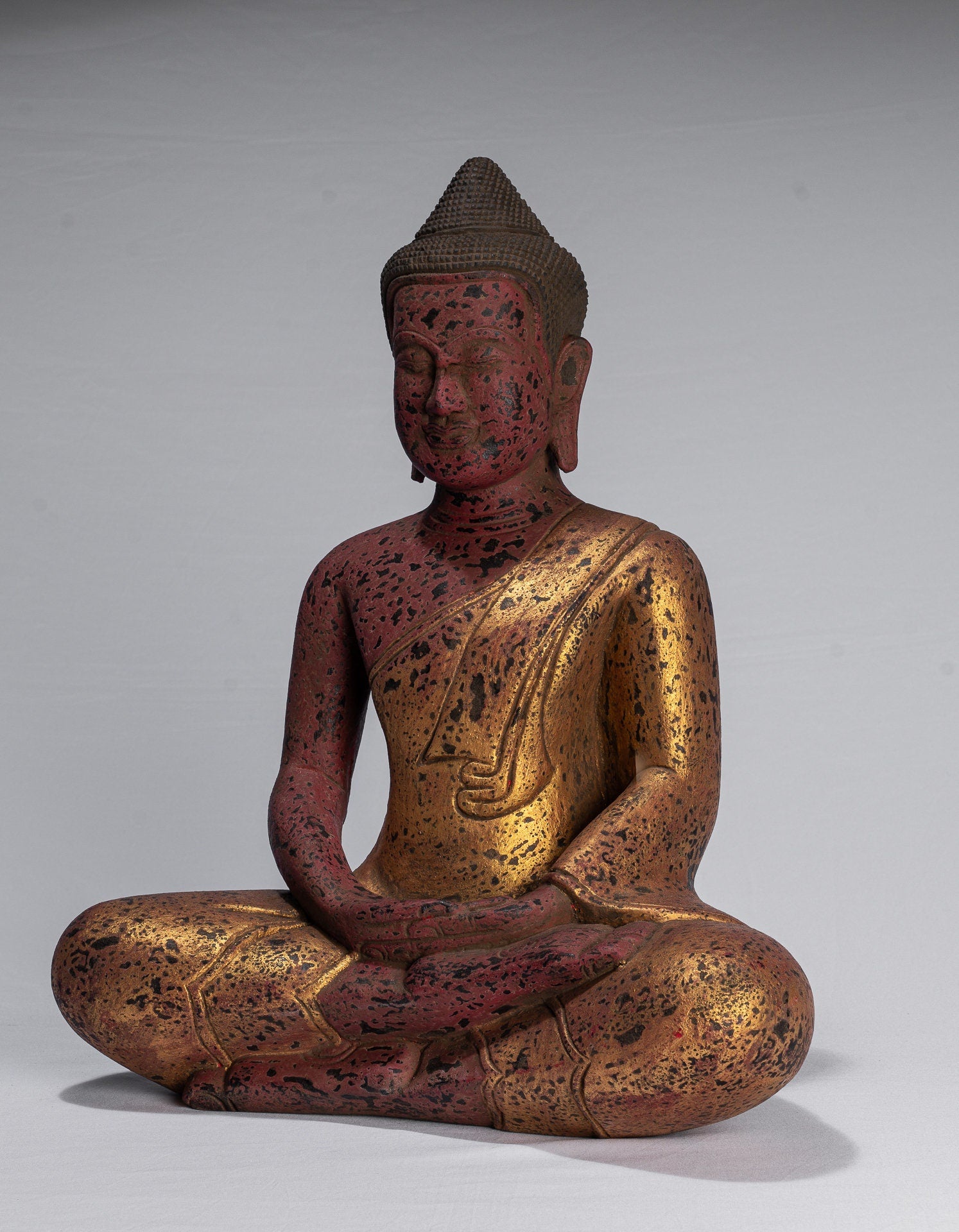 Antique Khmer Style Wood Seated Buddha Statue Dhyana Meditation Mudra - 49cm/20"