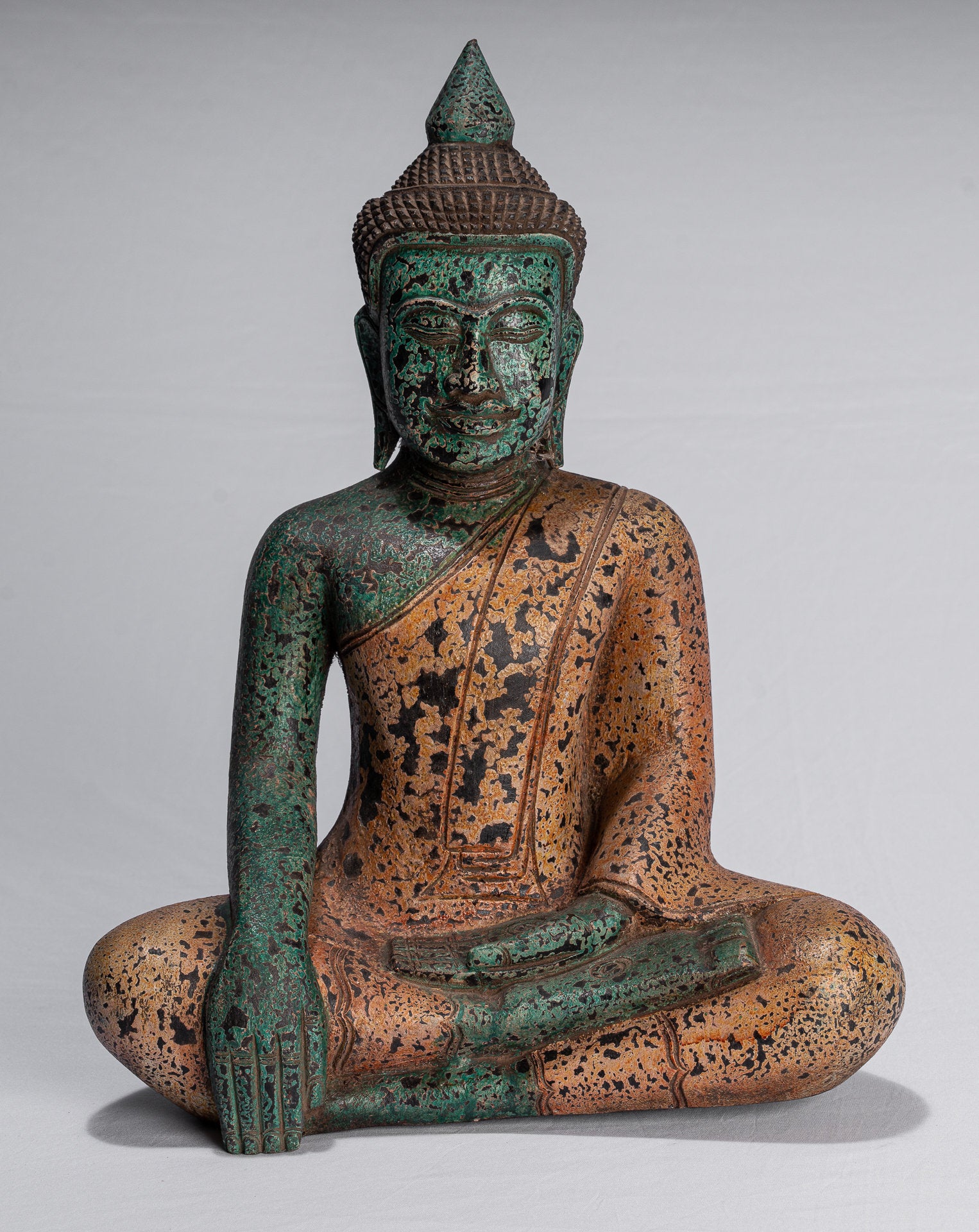 Buddha Statue-Antique Khmer Style SE Asia Seated Wood Enlightenment Buddha Statue-39cm/16 "