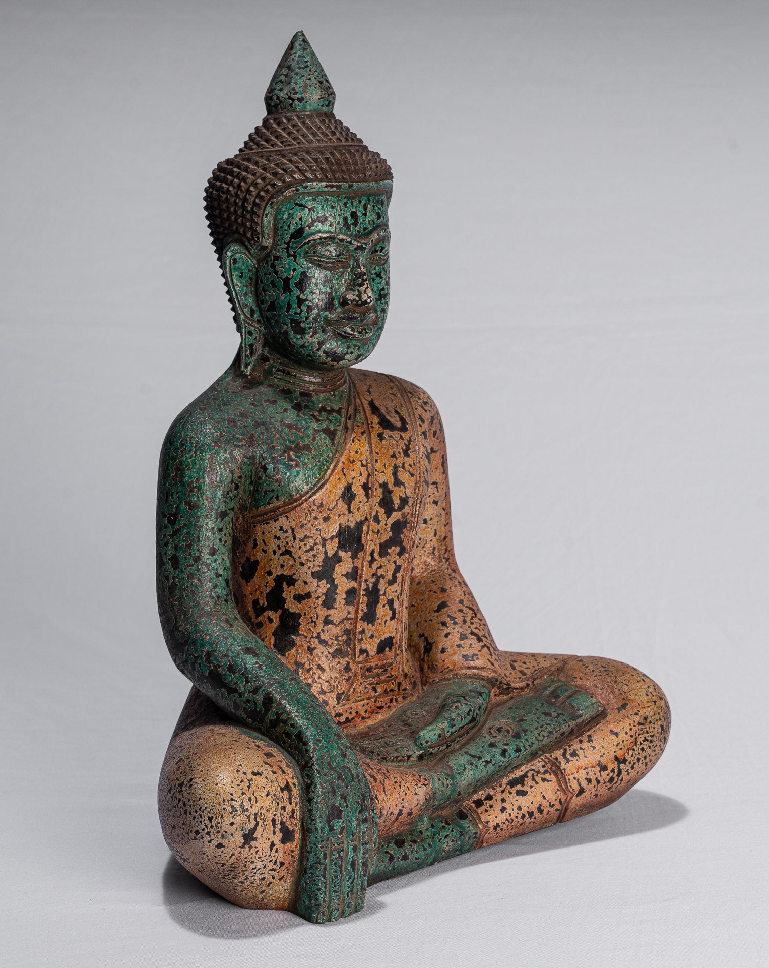 Buddha Statue-Antique Khmer Style SE Asia Seated Wood Enlightenment Buddha Statue-39cm/16 "