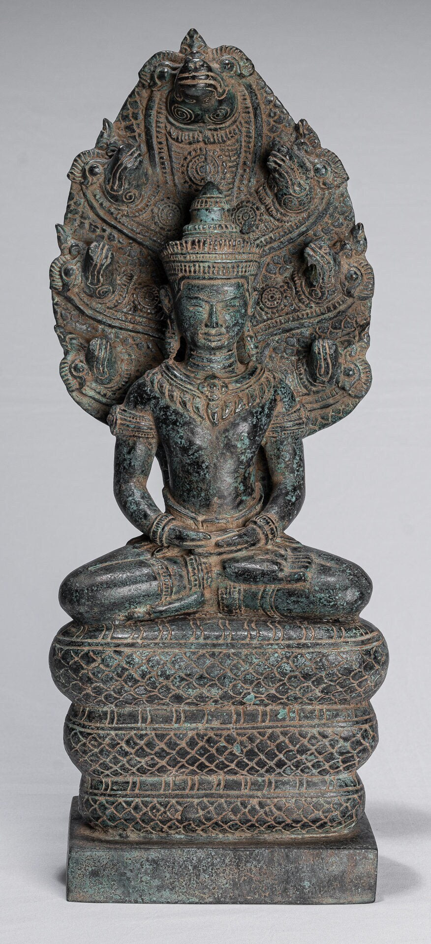 Buddha Statue-Antike Khmer Style Bronze Seated Meditation Naga Buddha Statue-46cm/18 "