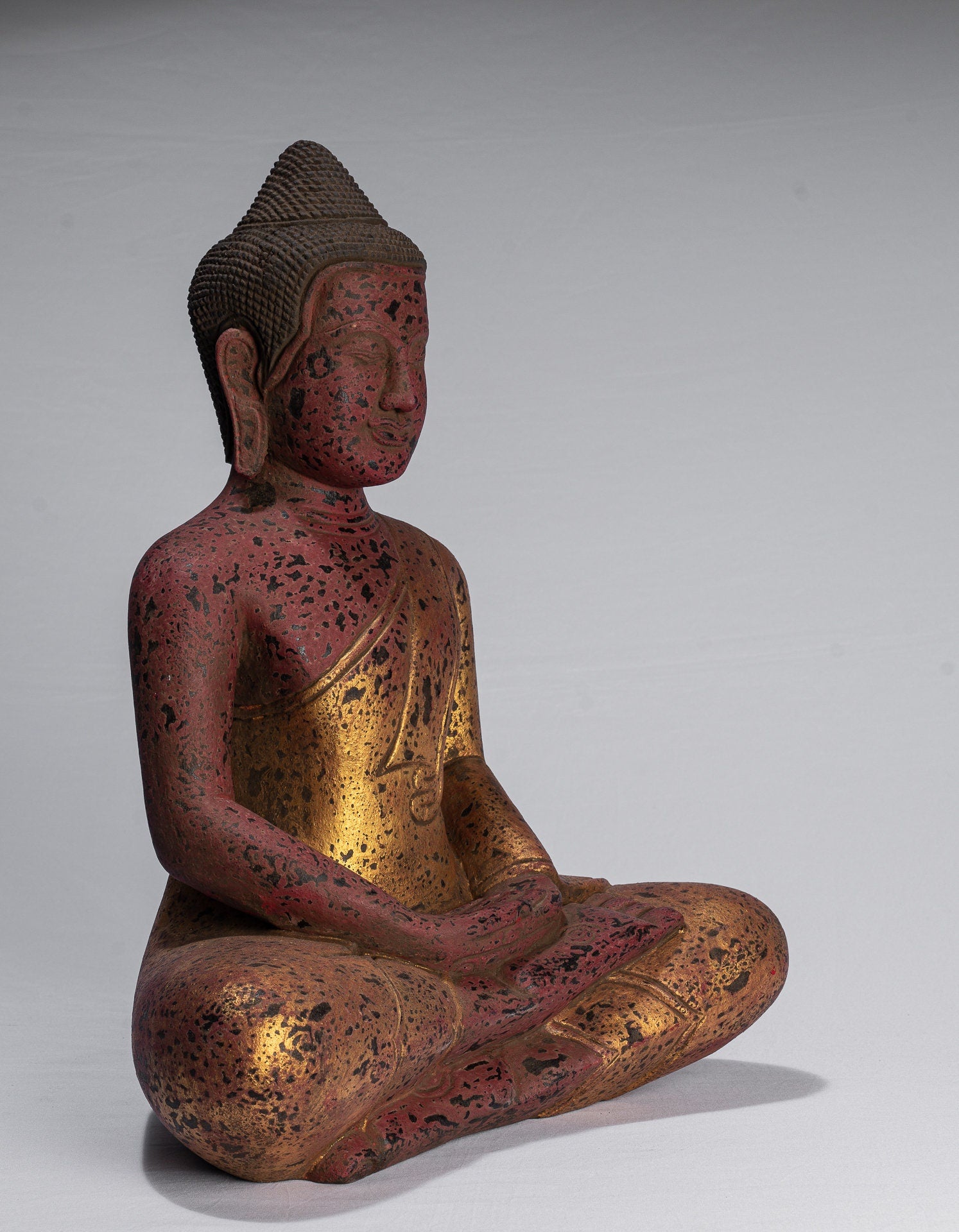 Antique Khmer Style Wood Seated Buddha Statue Dhyana Meditation Mudra - 49cm/20"