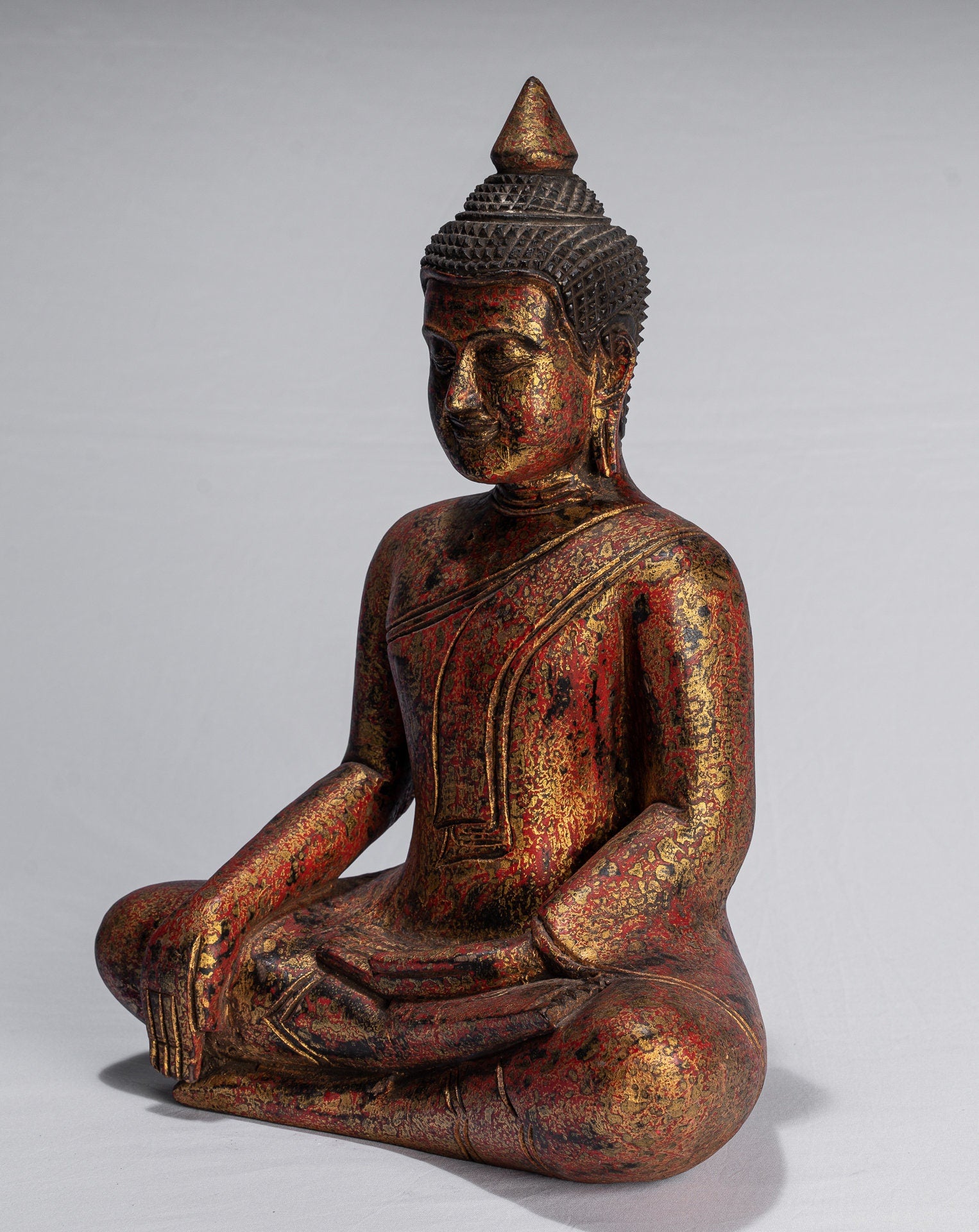Buddha Statue-Antique Khmer Style SE Asia Seated Wood Enlightenment Buddha Statue-39cm/16 "